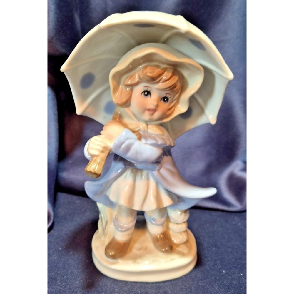 VINTAGE KPM Figurine Girl with Open Blue Polka Dot Umbrella.